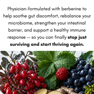 Berries, leaves, and roots with text about berberine's benefits on a white background