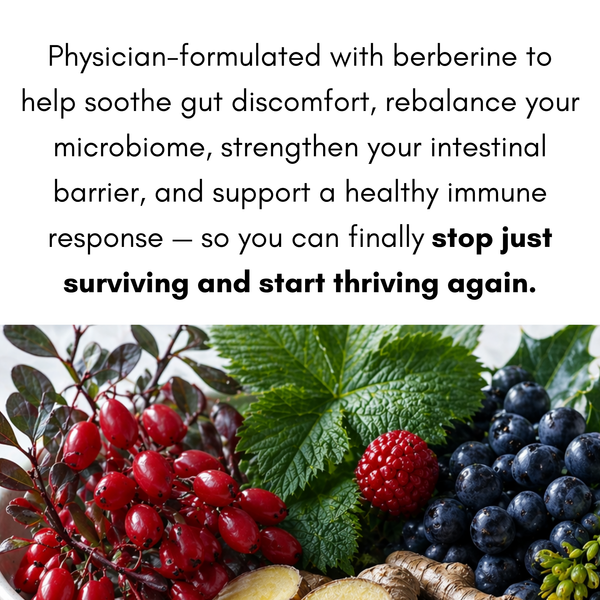 Berries, leaves, and roots with text about berberine's benefits on a white background