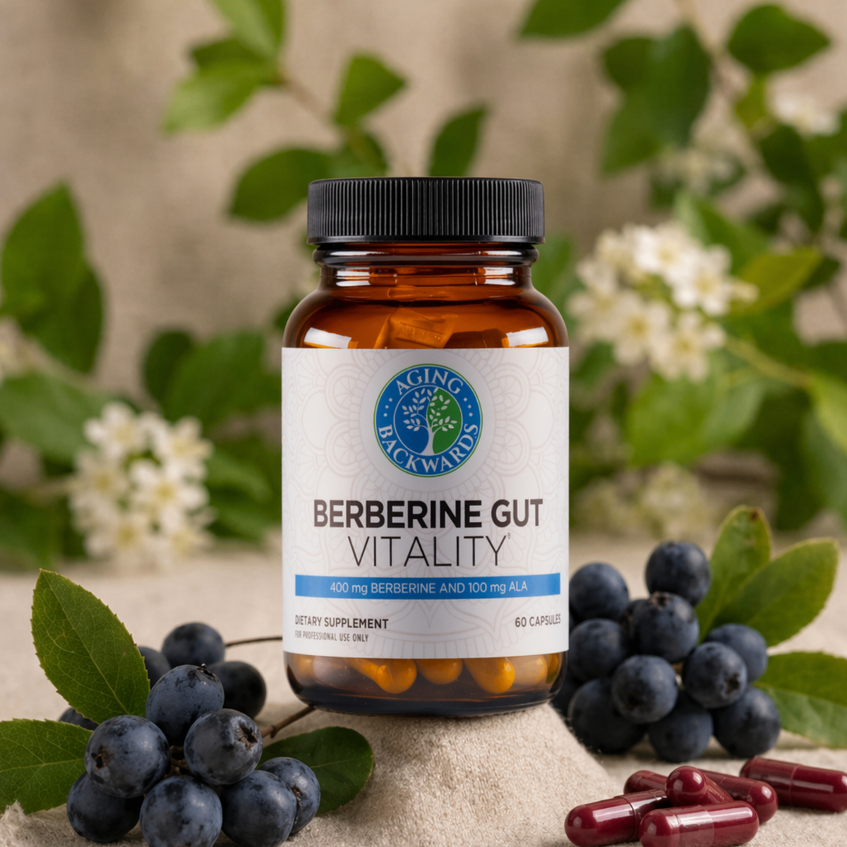 Supplement bottle labeled 'Berberine Gut Vitality' with berries and leaves on a natural background