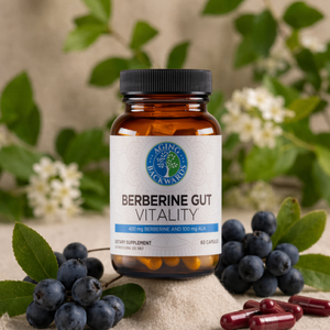 Supplement bottle labeled 'Berberine Gut Vitality' with berries and leaves on a natural background