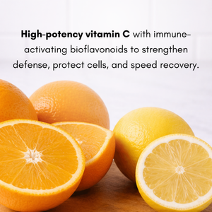 Oranges and lemons on a wooden surface with text about high-potency vitamin C.