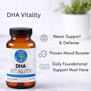 Bottle of DHA Vitality supplement with text highlighting benefits on a light background