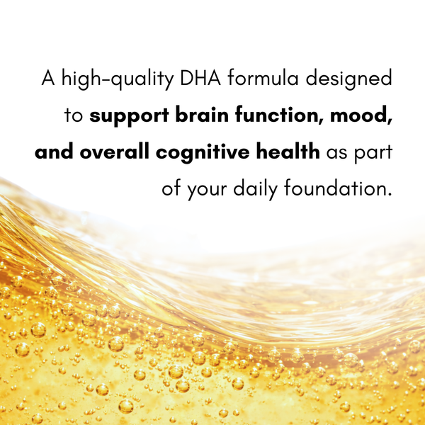 Text about a high-quality DHA formula for brain function and cognitive health with a yellow liquid background.