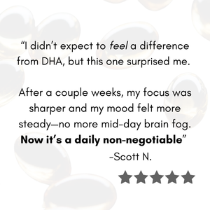 Product customer review text overlay on a light background