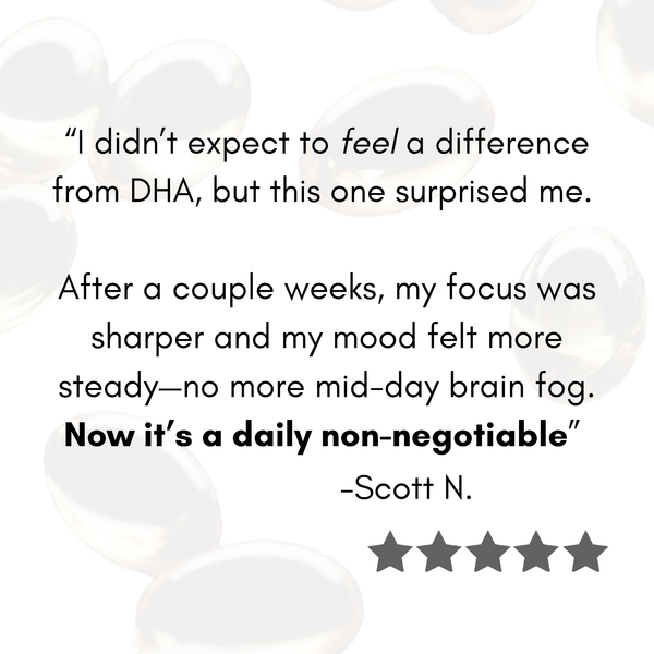 Product customer review text overlay on a light background