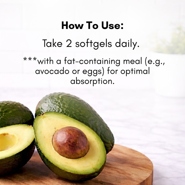 Avocados on a wooden cutting board with text about supplement usage.