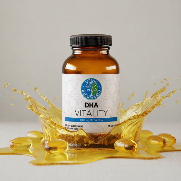 Supplement bottle labeled 'DHA Vitality' with a splash of oil around it on a light gray background.