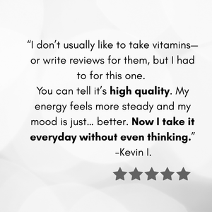 Five-star review for a high potency vitamin D supplement with a quote praising its quality and effects.