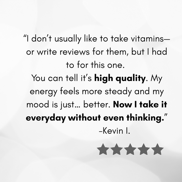 Five-star review for a high potency vitamin D supplement with a quote praising its quality and effects.