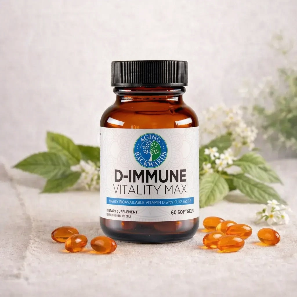 Bottle of D-Immune Vitality Max supplement with capsules on a light background