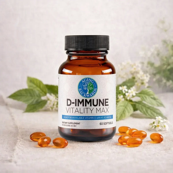 Bottle of D-Immune Vitality Max supplement with capsules on a light background