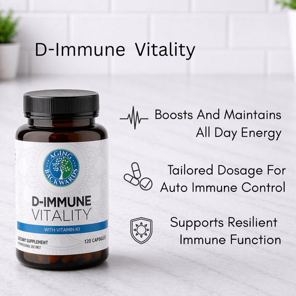 Bottle of D-Immune Vitality supplement with text about features and benefits on a white background