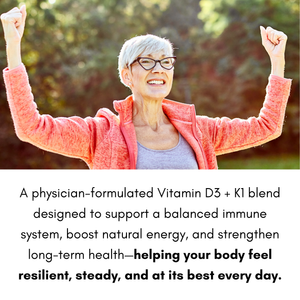Woman with arms raised outdoors, promoting a Vitamin D3 + K1 blend for health benefits.