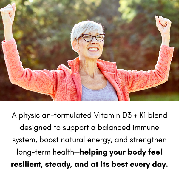 Woman with arms raised outdoors, promoting a Vitamin D3 + K1 blend for health benefits.