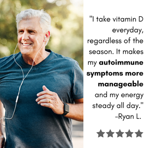 Man jogging outdoors with text about vitamin D benefits