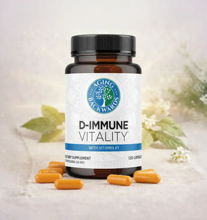 Supplement bottle labeled 'D-Immune Vitality' with capsules on a light background