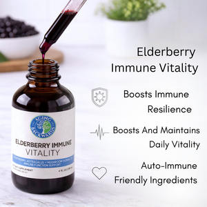 Bottle of Elderberry Immune Vitality supplement with dropper on a white background with features and benefits text