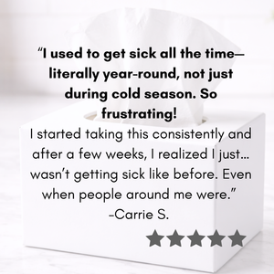 Elderberry supplement five-star rating and a testimonial quote on a white background