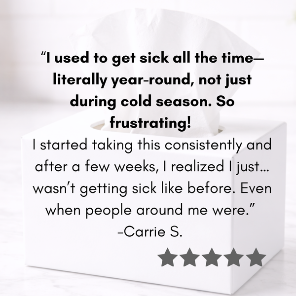 Elderberry supplement five-star rating and a testimonial quote on a white background