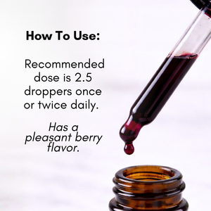 Dropper with Elderberry liquid being taken from a bottle, accompanied by text on usage and flavor.