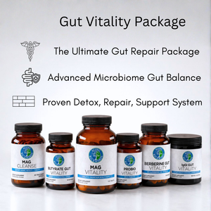 Gut vitality package with various bottles on a white background