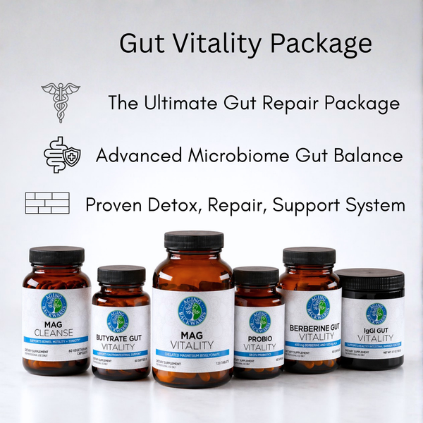 Gut vitality package with various bottles on a white background