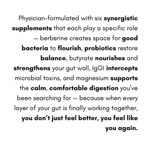 Text describing a gut supplement regimen with various benefits on a white background