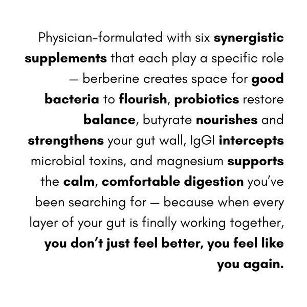 Text describing a gut supplement regimen with various benefits on a white background