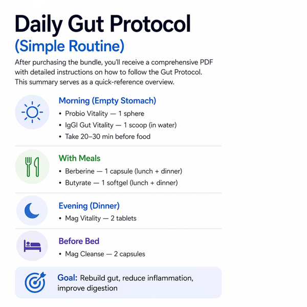 Daily Gut Protocol routine summary with icons and text on a white background