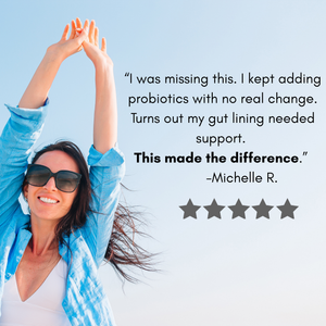 Woman with arms raised against a blue sky, with a testimonial about IgGI Gut Vitality and gut health.