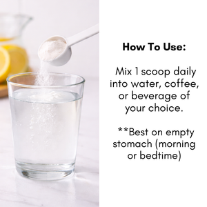 Glass of water with a scoop of powder being added, with text on how to use the IgGI Gut Vitality.