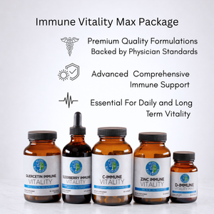 Immune support supplement package with bottles labeled 'Quercetin Immune Vitality', 'Elderberry Immune Vitality', 'C-Immune Vitality', 'Zinc Immune Vitality', and 'D-Immune Vitality' on a white background.