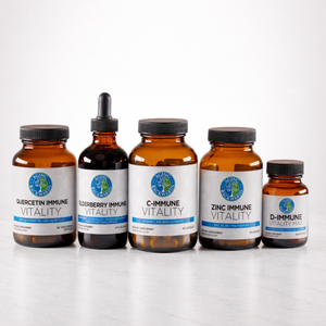 Line of immune support supplement bottles on a white background