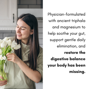 Woman holding white tulips with promotional text about a product for digestive health.