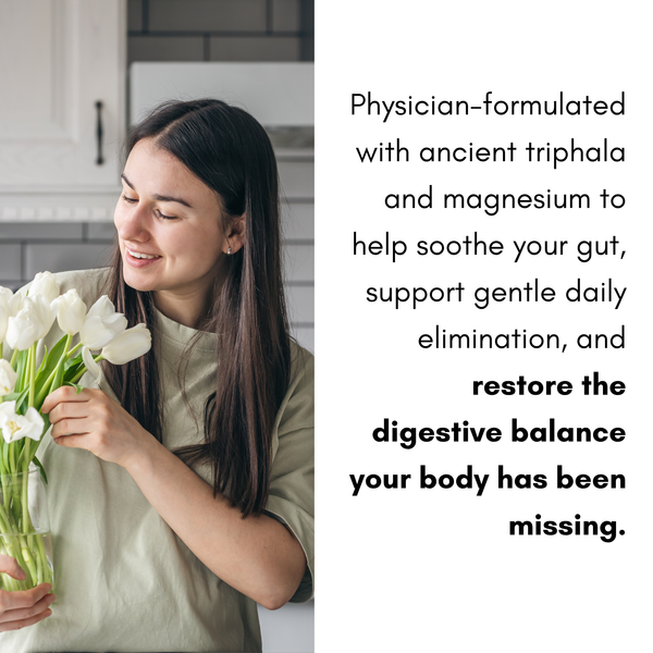 Woman holding white tulips with promotional text about a product for digestive health.
