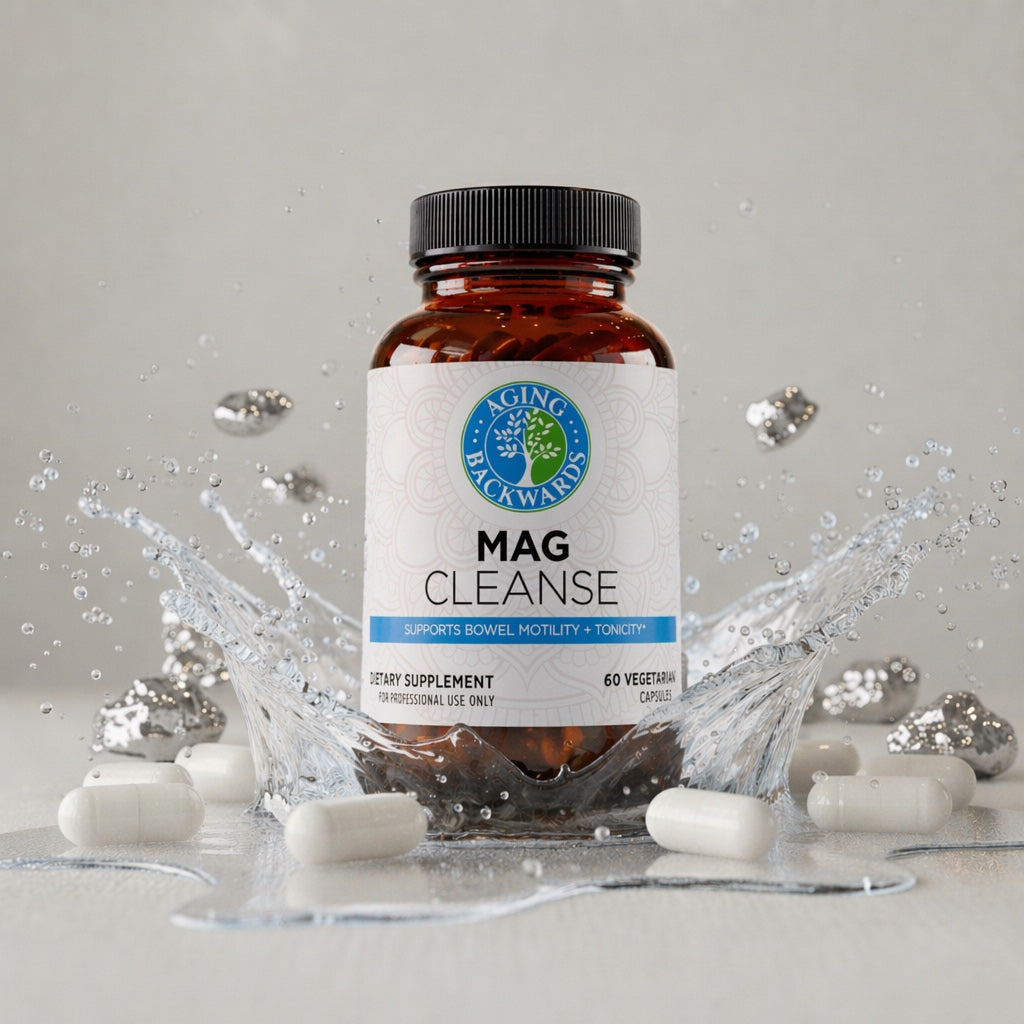 Supplement bottle labeled 'Mag Cleanse' with white capsules on a gray background