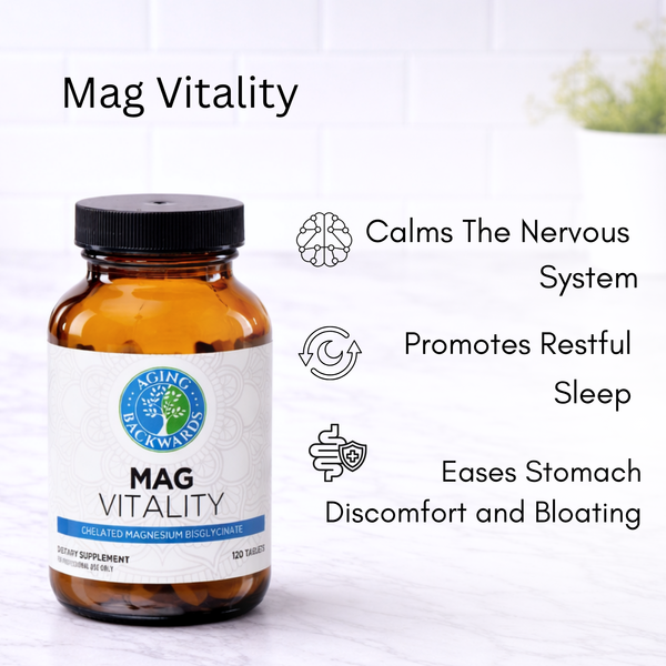 Bottle of Mag Vitality supplement with benefits listed on a white background