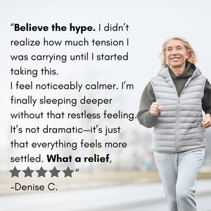 Woman running with a quote and review from Denise C. on a light background