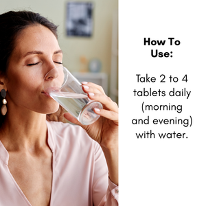 Woman drinking water with text on how to use tablets daily.