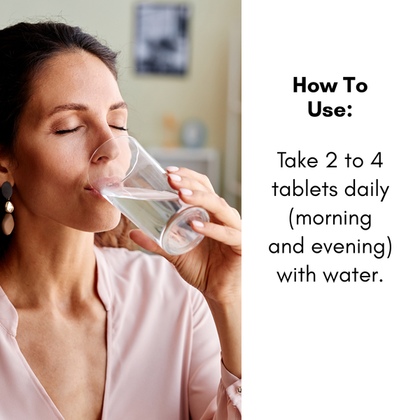 Woman drinking water with text on how to use tablets daily.