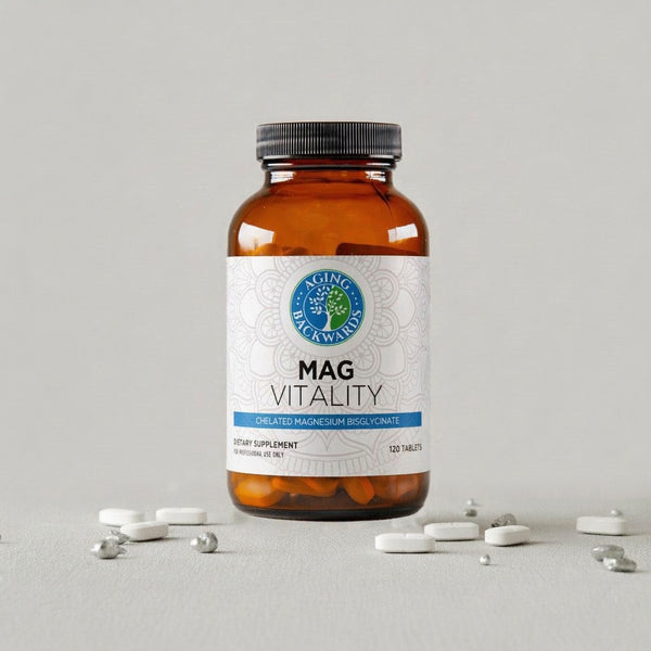 Supplement bottle labeled 'MAG Vitality' on a light gray background