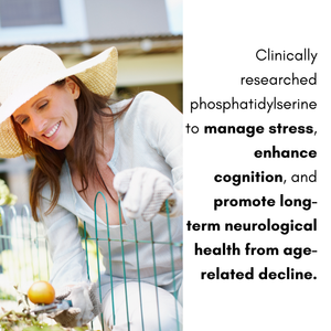 Woman in a garden with text about phosphatidylserine benefits