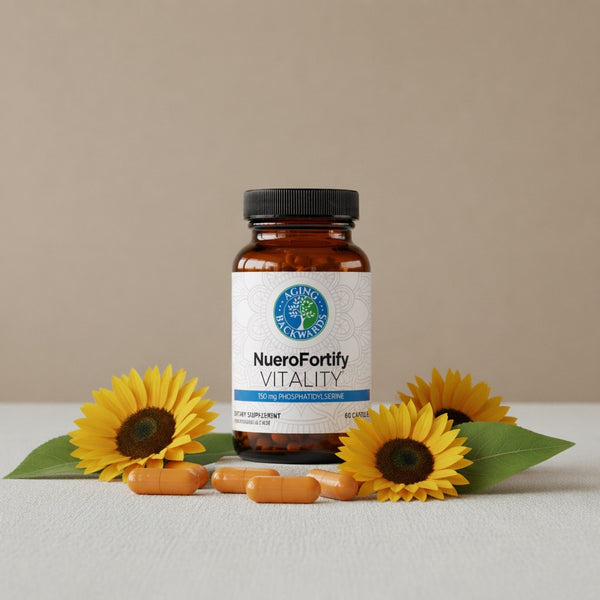Bottle of Nuerofortify Vitality supplement with sunflowers on a neutral background