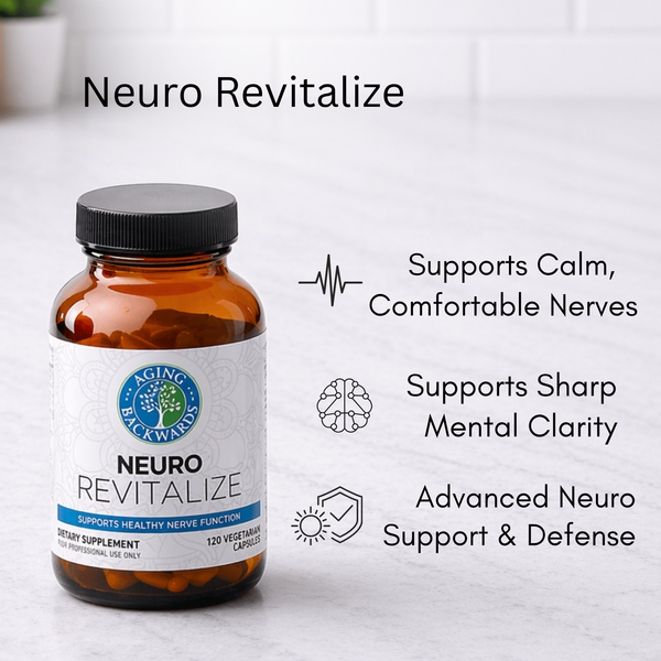 Bottle of Neuro Revitalize supplement with features text on a light background