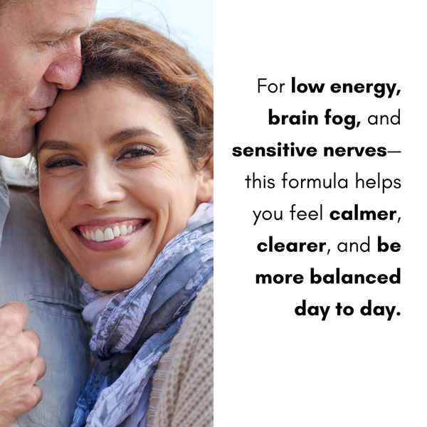 Couple embracing with text about a formula for low energy, brain fog, and sensitive nerves.