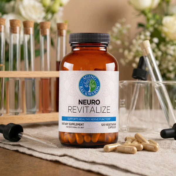 Supplement bottle labeled 'Neuro Revitalize' on a table with test tubes in the background