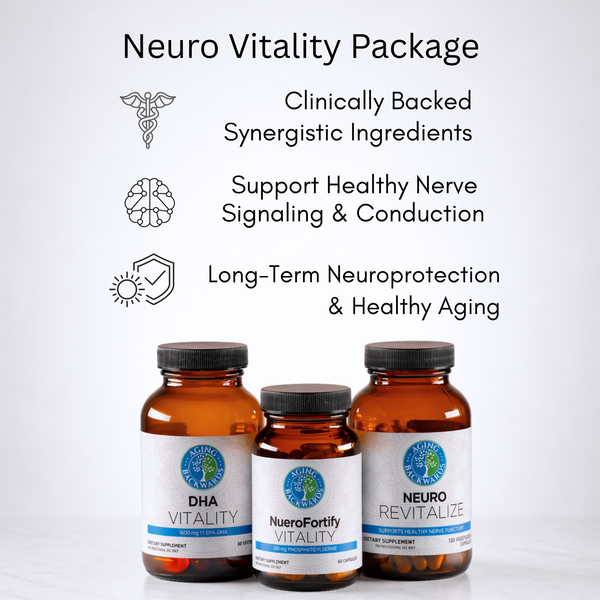 Three bottles of Neuro Vitality Package with labels on a white background