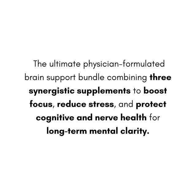 Text describing a brain support bundle with supplements on a white background