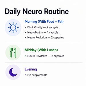 Daily neuro supplement routine with icons and text on a white background