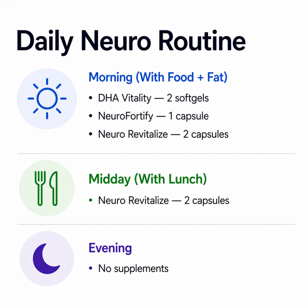 Daily neuro supplement routine with icons and text on a white background
